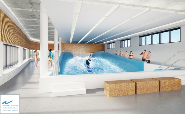 Symulator surfingu w Parku Wodnym w Tychach – wiz. Regionalne Centrum Gospodarki Wodno-Ściekowej / Schick Architekci Symulator surfingu w Parku Wodnym w Tychach – wiz. Regionalne Centrum Gospodarki Wodno-Ściekowej / Schick Architekci